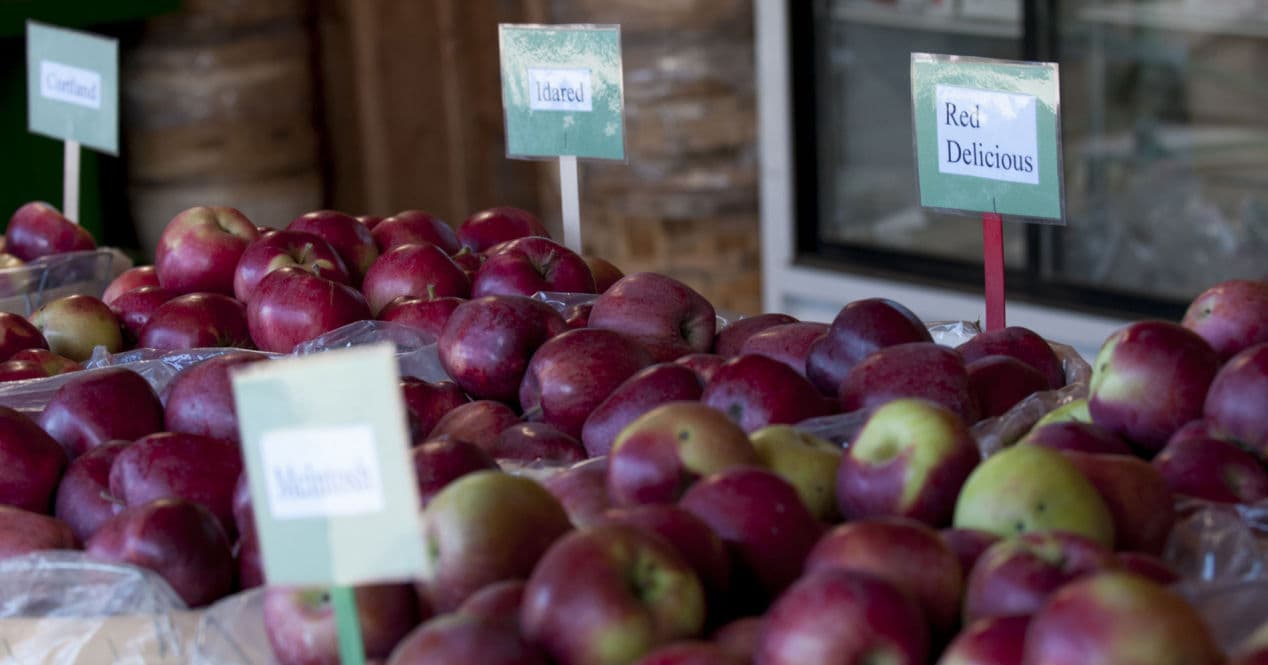 Bushel baskets heaped with red apples at the farm market, with handwritten variety signs for Cortland, Idared, Red Delicious and McIntosh