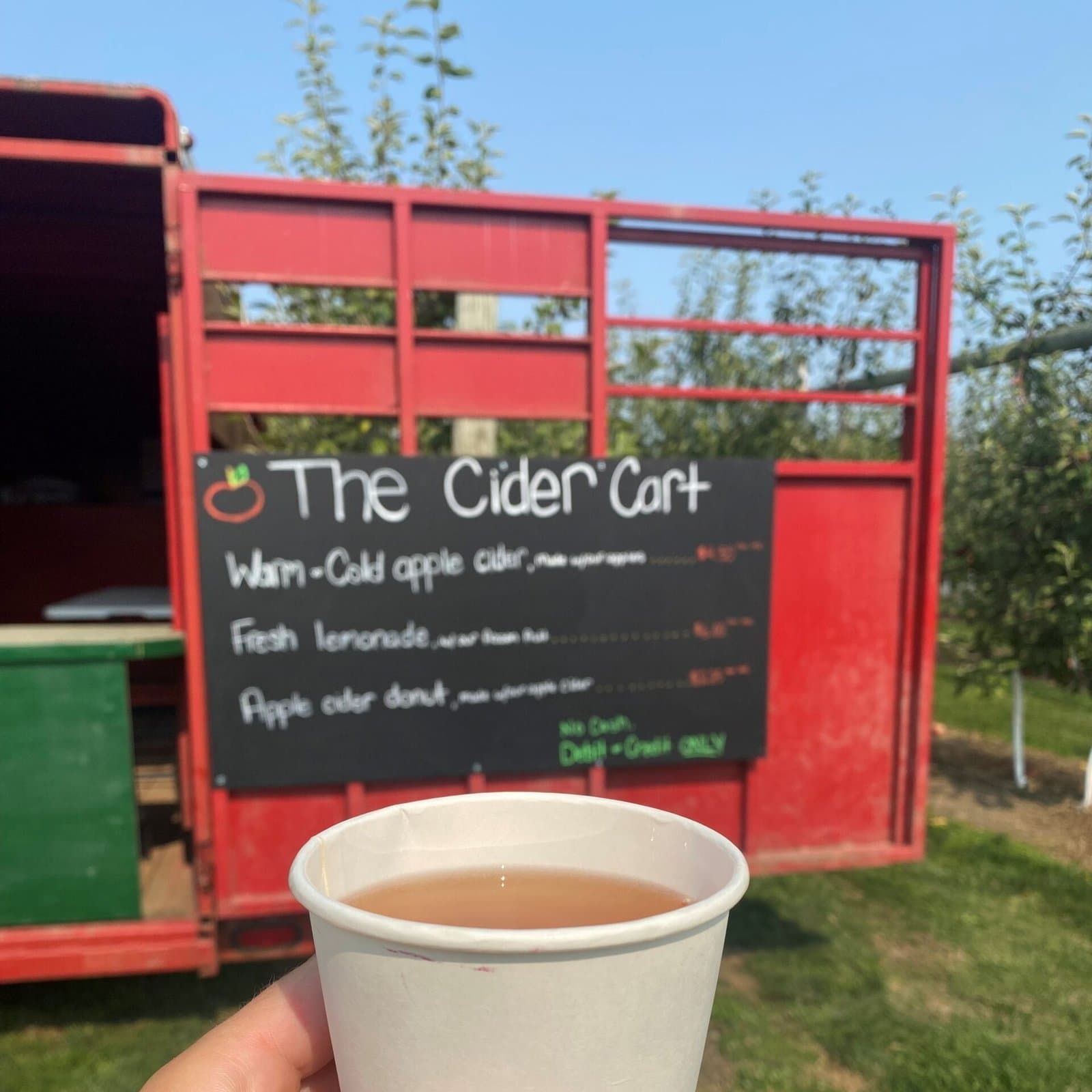 A cup of apple cider held up in front of the red Cider Cart and its chalkboard menu, parked among young apple trees in the orchard