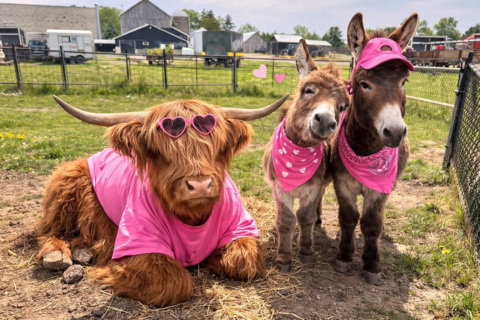 A shaggy Highland cow in a pink T-shirt and heart sunglasses lies in a paddock beside two young donkeys in pink bandanas, one also in a pink cap, with barns behind