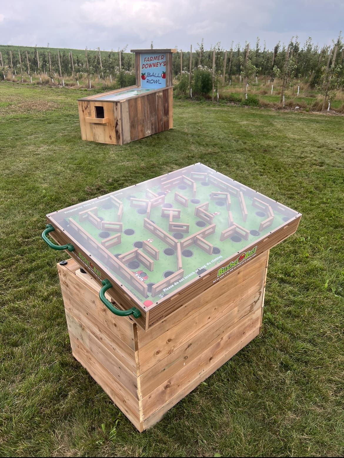 A wooden tilt-maze game on the play field lawn, with a Farmer Downey's Ball Rowl game and rows of young apple trees behind