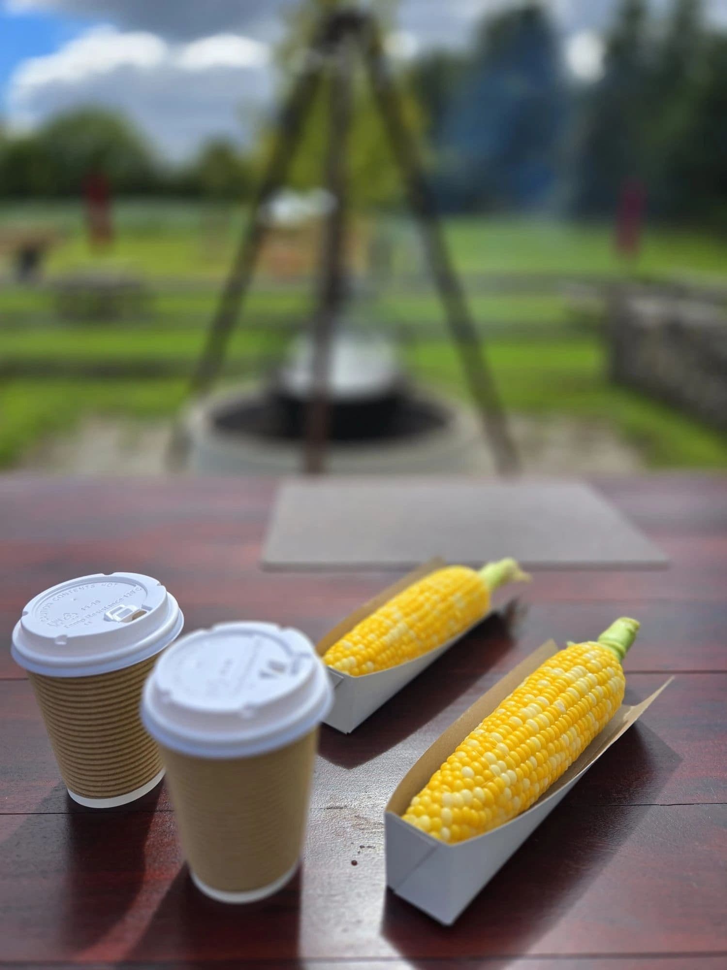Two cobs of corn in paper trays and two hot drinks on a red picnic table, with a cooking pot over a fire pit behind