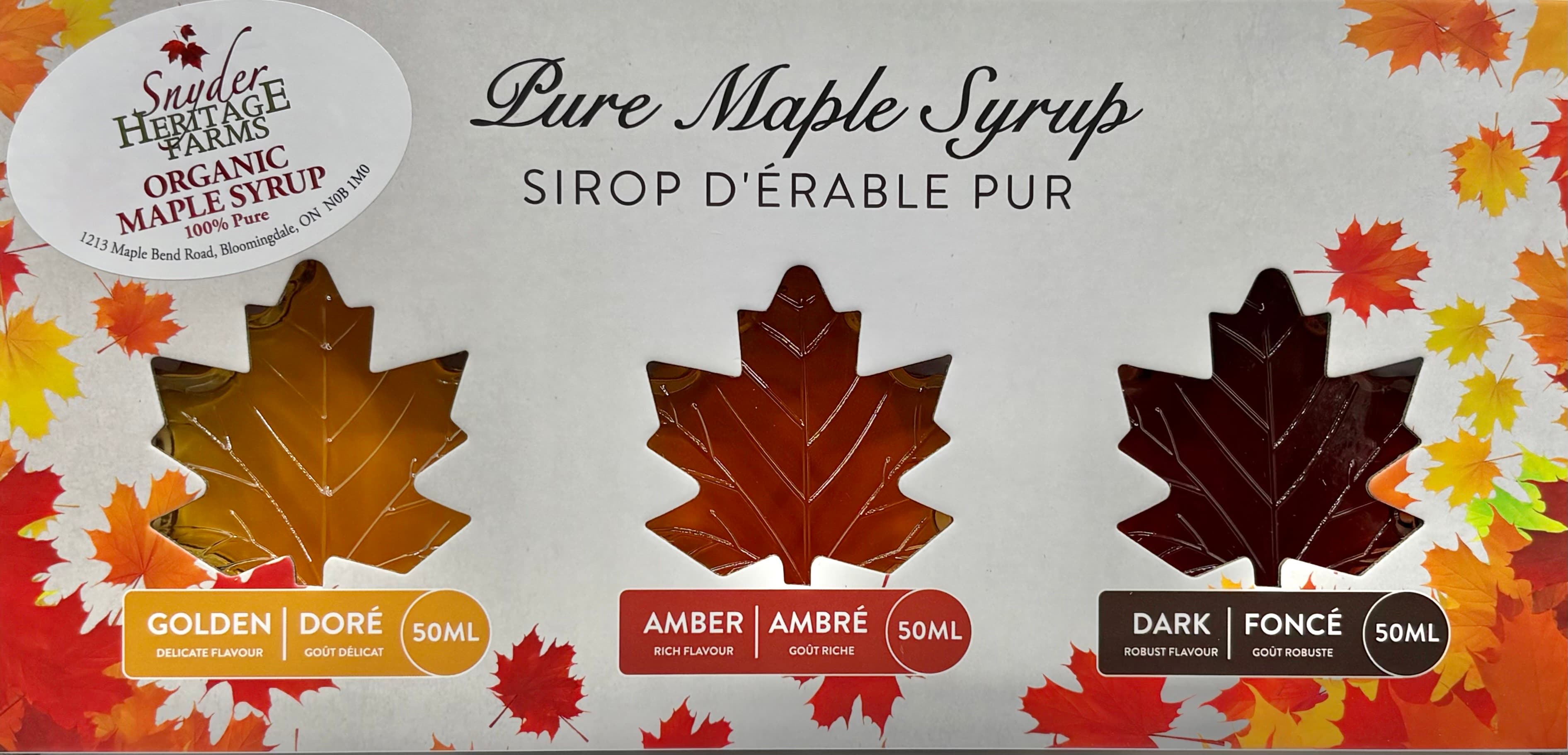 Gift box of three 50 ml maple-leaf bottles of the farm's maple syrup, golden, amber and dark
