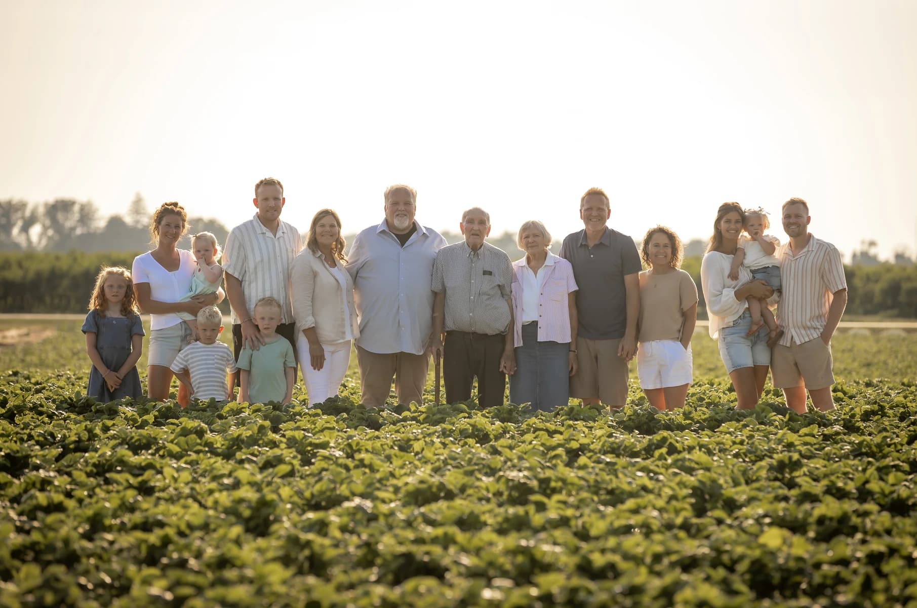 Three generations of the Tigchelaar family stand together, smiling, in a strawberry field at golden hour