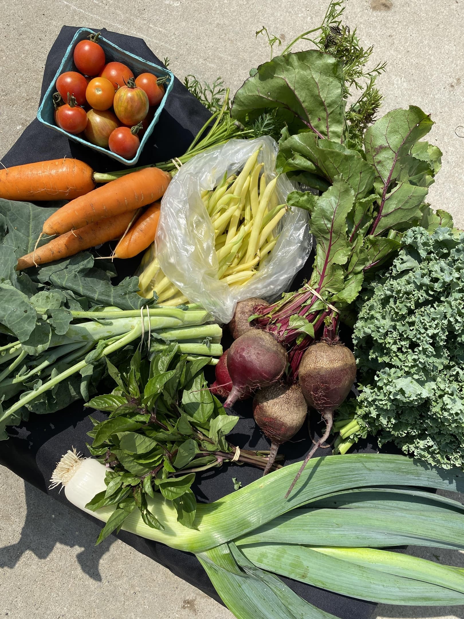 A share of garden vegetables: cherry tomatoes in a basket, carrots, yellow beans, beets, kale, basil and a leek