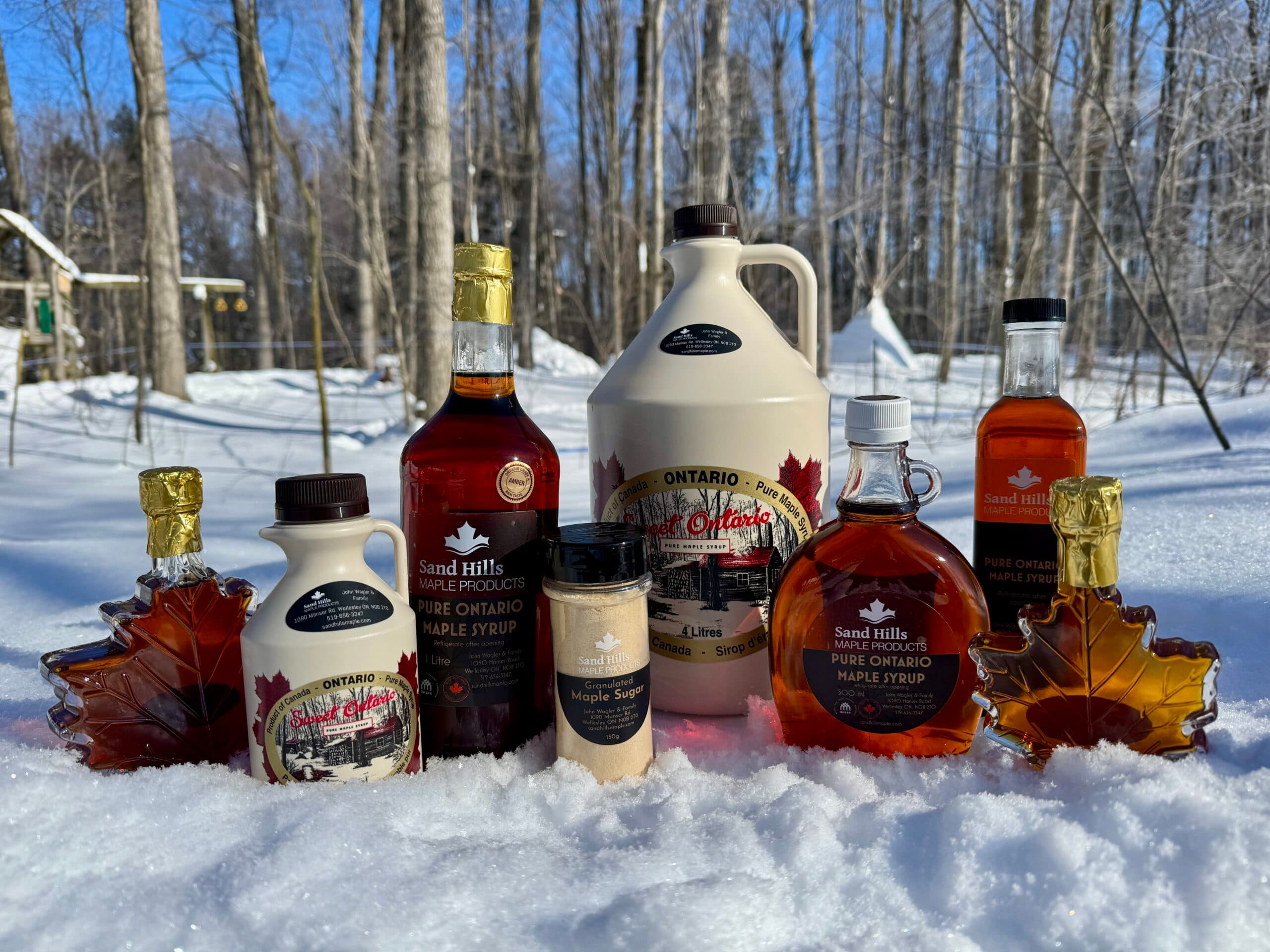 Sand Hills maple syrup in maple-leaf, glass and plastic bottles, a 4 litre jug and a shaker of maple sugar, set in the snow of the sugar bush